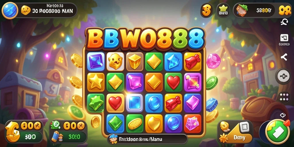 Screenshot gameplay BWO888 menampilkan elemen Match-3 yang penuh warna.