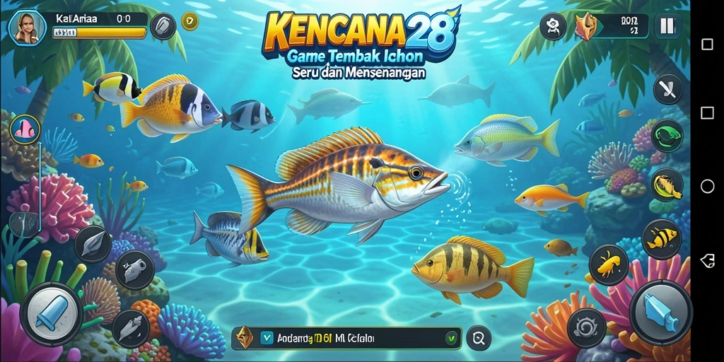 Tampilan gameplay seru KENCANA28 dengan aksi menangkap ikan.