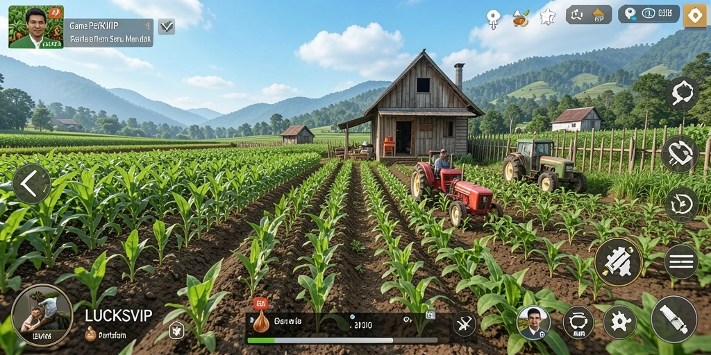 Tangkapan layar gameplay LUCKSVIP menampilkan ladang pertanian yang indah.