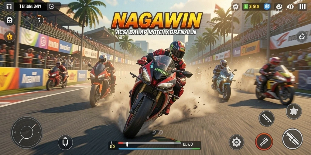 Screenshot gameplay NAGAWIN menampilkan aksi balap motor yang mendebarkan.