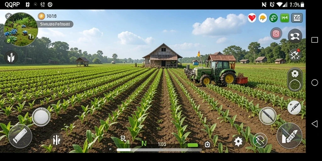 Tampilan gameplay QQRP yang menampilkan ladang yang subur dan penuh aktivitas.