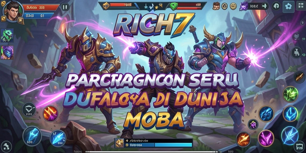 Screenshot RICH7 menampilkan pertempuran seru antar hero di arena MOBA.
