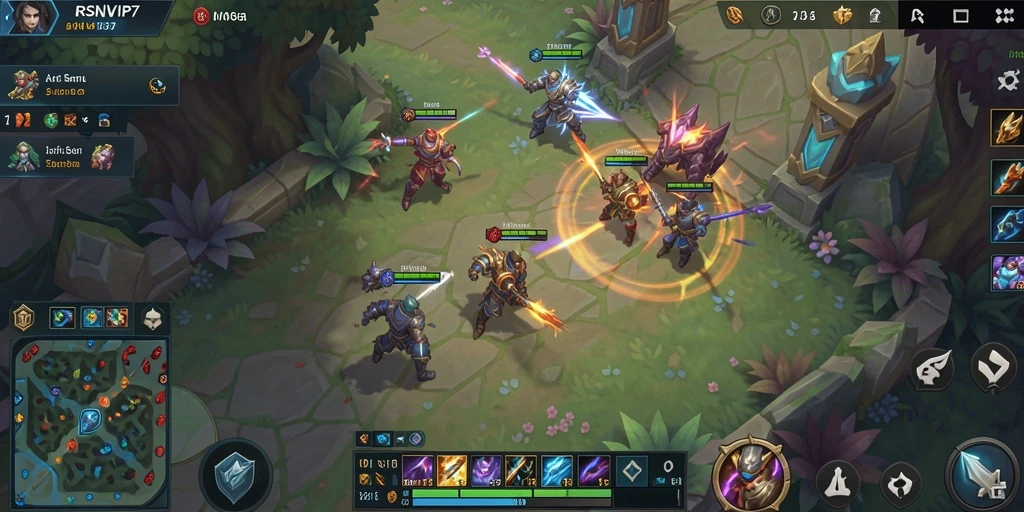 Screenshot gameplay RSNVIP7 menampilkan karakter yang bertempur di arena MOBA.