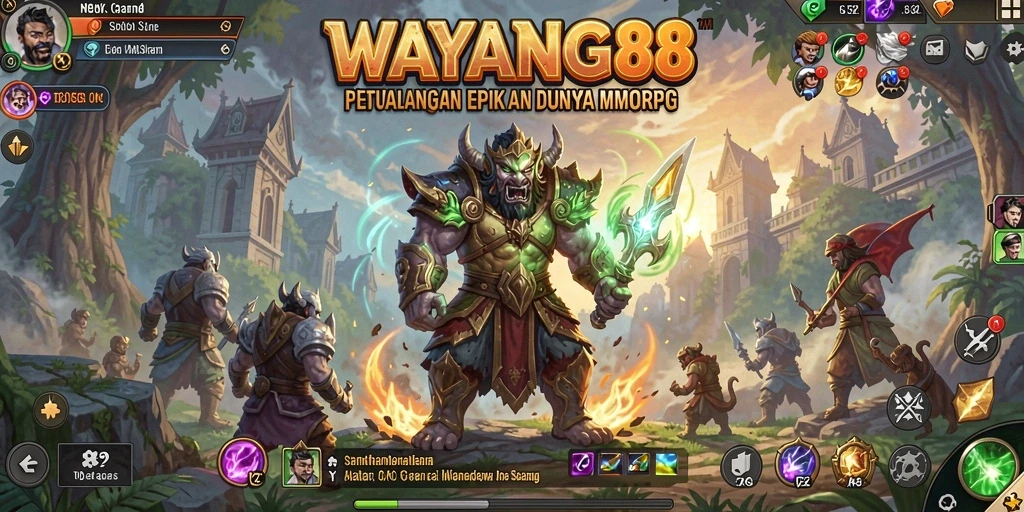 Tampilan gameplay epik dalam dunia WAYANG88 yang penuh warna.